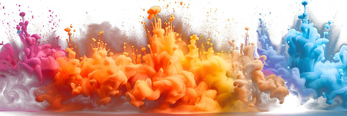 Vibrant ink splashes forming a colorful explosion of energy on transparent background.