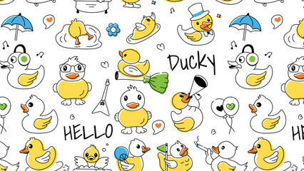 A doodle duck vector showcasing cute rubber ducks, shower toys, and baby chickens