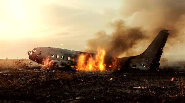 The scene of the plane burning due to an accident, 4k animated virtual repeating seamless	
