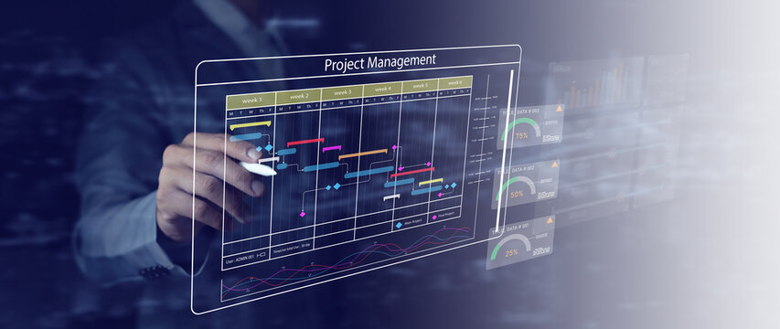 business project management system Milestone progress planning with a Gantt chart scheduling interface on a virtual screen.