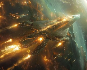 Epic Space Battle Scene with Interstellar Warships Engaged in an Intense Fight, Illustrating a...