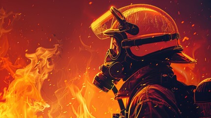 Firefighter heroics captured in a simple illustration, showcasing bravery against flames - obrazy, fototapety, plakaty