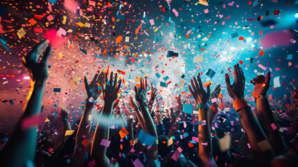 Confetti Fired on Air During a Concert, People Celebrating with Joyful Emotions and Excitement, Festive Event Atmosphere, Generative AI


