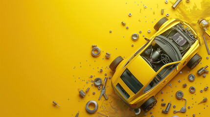 yellow car with its engine dismantled - obrazy, fototapety, plakaty