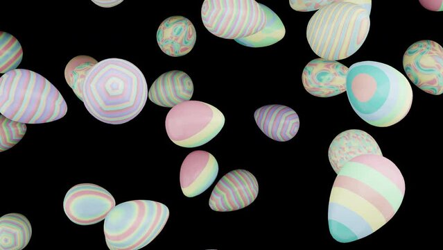 Pastel colored Easter eggs falling with alpha channel overlay seamless looped 3D render. Various eggs pattern for happy Easter. Day of the Crucifixion