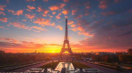 Eiffel Tower Against Sunrise in Paris, France, Iconic Landmark Bathed in Golden Light, Travel Destination Illustration, Generative AI

