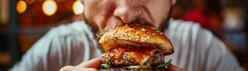 Satisfaction in Every Bite, close-up shot of the man taking a hearty bite out of the burger, with juices dripping and a look of satisfaction on his face, generative AI