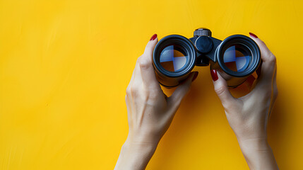 Female Hand Holds Black Binoculars on a Yellow Background, Exploration and Adventure Concept, Generative AI

