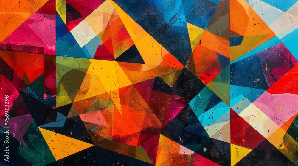 Poster vibrant geometric abstraction: a dynamic interplay of colorful shapes and textures