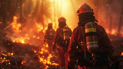 Firefighter heroes battling blaze in 3D animation, dramatic lighting, showcasing courage and heroics - obrazy, fototapety, plakaty