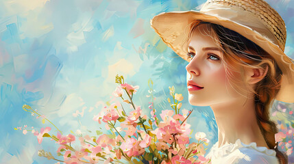 Beautiful, romantic girl with straw hat and bouquet of flowers looking to the left.