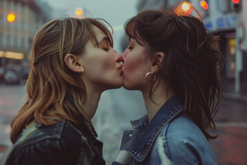 Beautiful loving young lesbian couple kissing in the middle of the street - obrazy, fototapety, plakaty