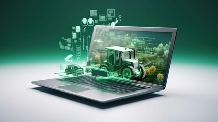 A Vector image of 3D illustration of tractor, smart farming concept on laptop advertising online farm management. Online farming control technology.