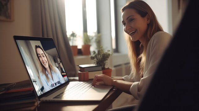 A Headshot screenshot of a smiling young woman sitting at home video chatting with friends or relatives. Happy woman talking online using webcam meeting on computer.