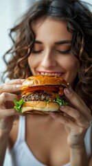 Savoring the Flavor, a woman savoring each bite of the burger in a candid shot that captures her expression of pleasure and satisfaction, generative AI