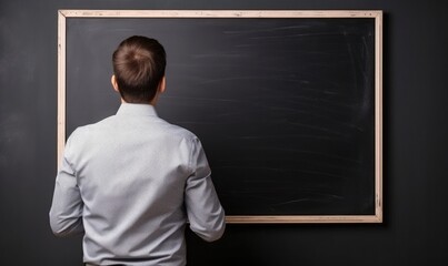 a male teacher writes a lesson on a blackboard, sutable for school design