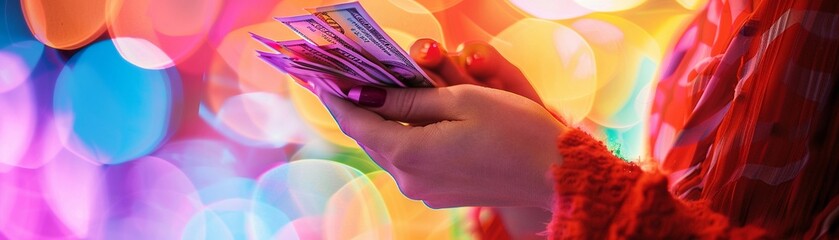 Woman's hand holding a handful of banknotes in a celebratory gesture, with her fingers fanned out to display the money, generative AI - obrazy, fototapety, plakaty