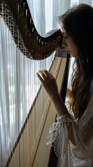 A girl plays the harp on a white background, generative AI