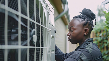 female black worker installing a air source heat pump unit installed outdoors at home in the Netherlands, warmte pomp, translation air source heat pump, airco for warming and cooling. - Powered by Adobe