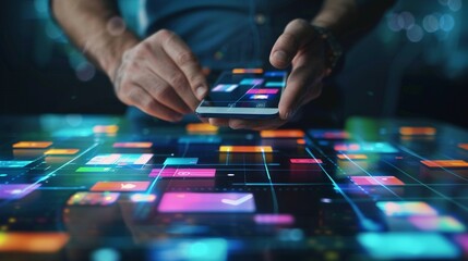Man using a smartphone with colorful interface screen on the background. User interface software or application development. - obrazy, fototapety, plakaty