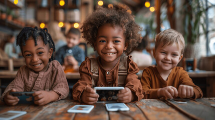 Three Smiling Children Playing Cards in a Cozy Cafe