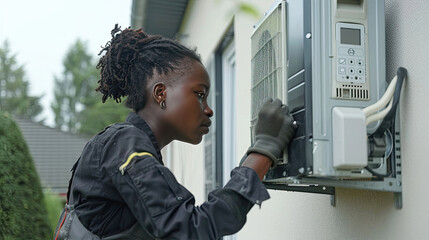 female black worker installing a air source heat pump unit installed outdoors at home in the Netherlands, warmte pomp, translation air source heat pump, airco for warming and cooling.