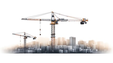 Fototapeta premium A Vector illustration of Construction crane above building urban development city skyline Black construction site isolated on transparent background.