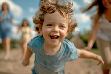 close view of happy child running chased by her parents