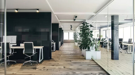 Modern coworking office interior with copy space on wall.