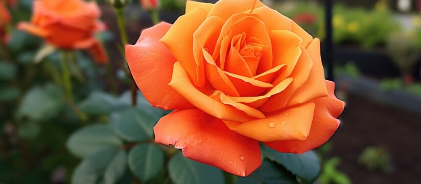 A closeup image showcasing a vibrant orange hybrid tea rose, a type of Rosa centifolia, with delicate petals glistening with water droplets in a garden filled with various garden roses