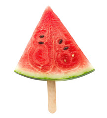 Slice of watermelon with wooden stick isolated on transparent background