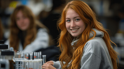 Smiling Redheaded Teenage Girl in Science Lab