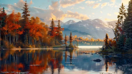 Fotobehang Lake Shore Landscape with Tranquil Water and Trees Reflecting in the Lake, Serene Natural Scene, Scenic Beauty of Lake Shore, Generative AI   © Dzynee
