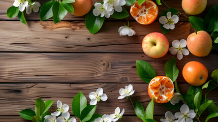 spring background.fruit flowers on wooden table, generative ai