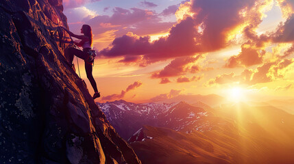 silhouette of successful climbing woman in mountains Concept of concept of motion motivation inspiration at beautiful sunset.