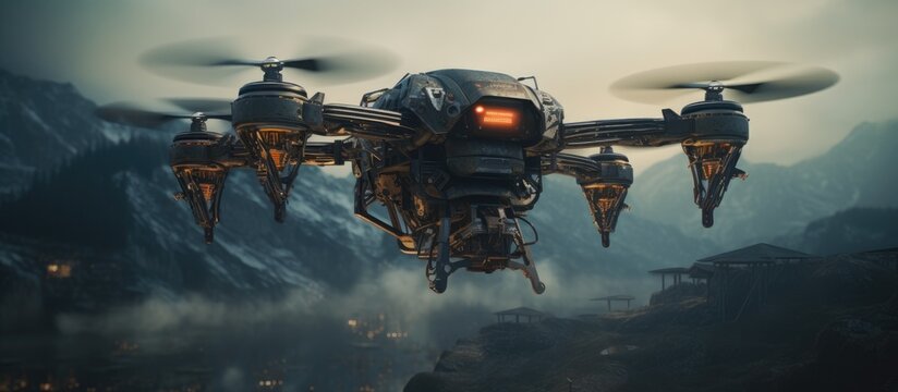 A hightech drone hovers above a mountain range, capturing the stunning landscape below. No horses or pack animals in sight, this machine is the future of travel and art exploration