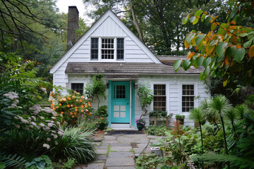 Fototapeta na wymiar Contemporary Cottage style Home with White Siding and a Turquoise Entrance Door, many plants in the garden
