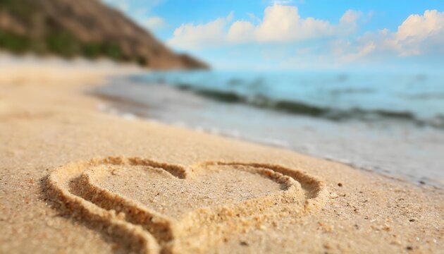 A drawn heart on the sand near the sea, captured in a close-up view.