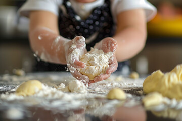 A child is making a dough on a table. The dough is covered in flour and the child's hands are covered in it. The child is wearing a red apron