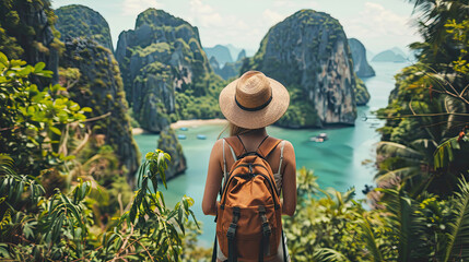 Traveler woman looking amazed nature scenic landscape tropical island Phang-Nga bay Adventure...