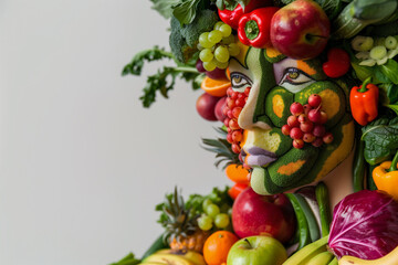 Naklejka na ściany i meble A woman's face is made of fruits and vegetables. Concept of creativity and playfulness