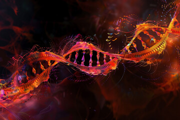 A colorful, abstract image of a DNA strand with a pink and orange hue. The image is full of bright colors and has a playful, whimsical feel to it