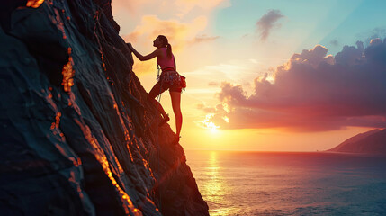 Woman climber success silhouette in mountains, ocean and sunset.