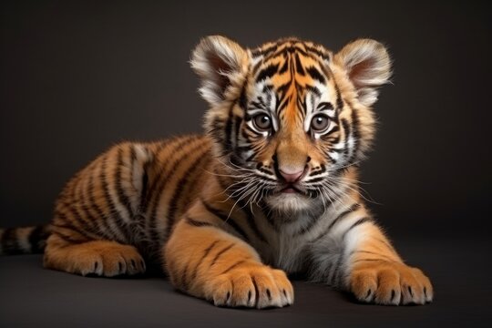 tiger cub is lying on a black background.