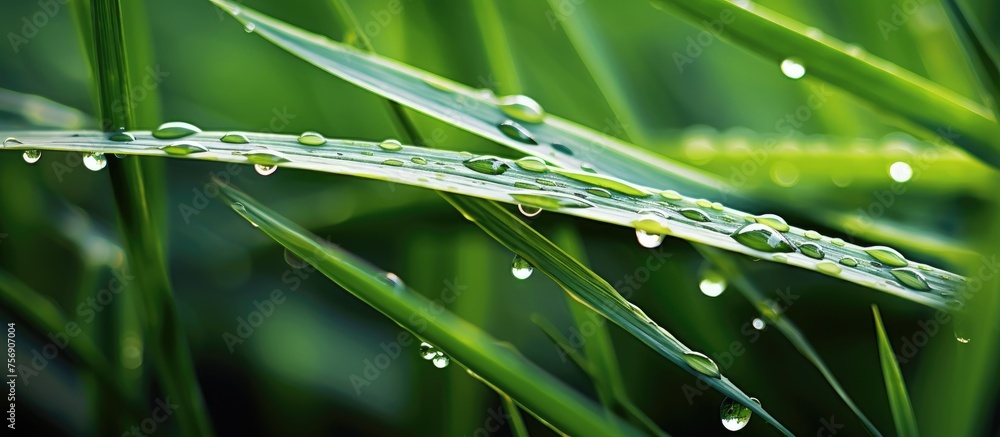 Poster a closeup shot of a terrestrial plant leaf with water drops, capturing the beauty of moisture and de