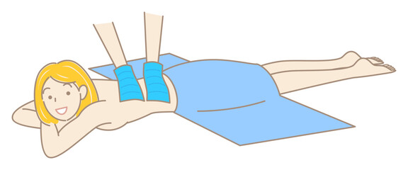 うつ伏せに寝て気持ちよさそうに垢すりエステを受けている可愛い女性 シンプル イラスト ベクター