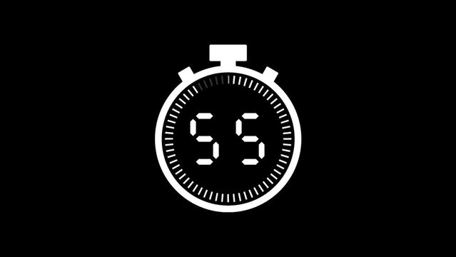 60 second countdown timer animation from 60 to 0 seconds. Modern white stopwatch countdown timer on black background