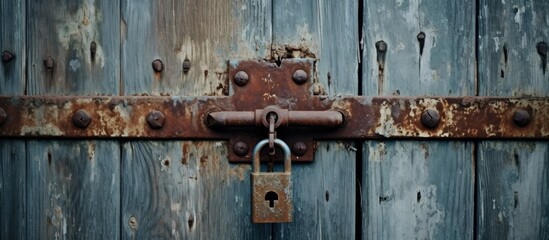 Weathered lock on a wooden door.