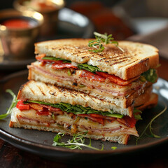 Mouthwatering sumptuous club sandwich with dynamic composition and elevation highlighting the finesse of culinary craftsmanship - obrazy, fototapety, plakaty