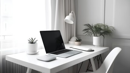 workplace with laptop on table in modern office 3d render image